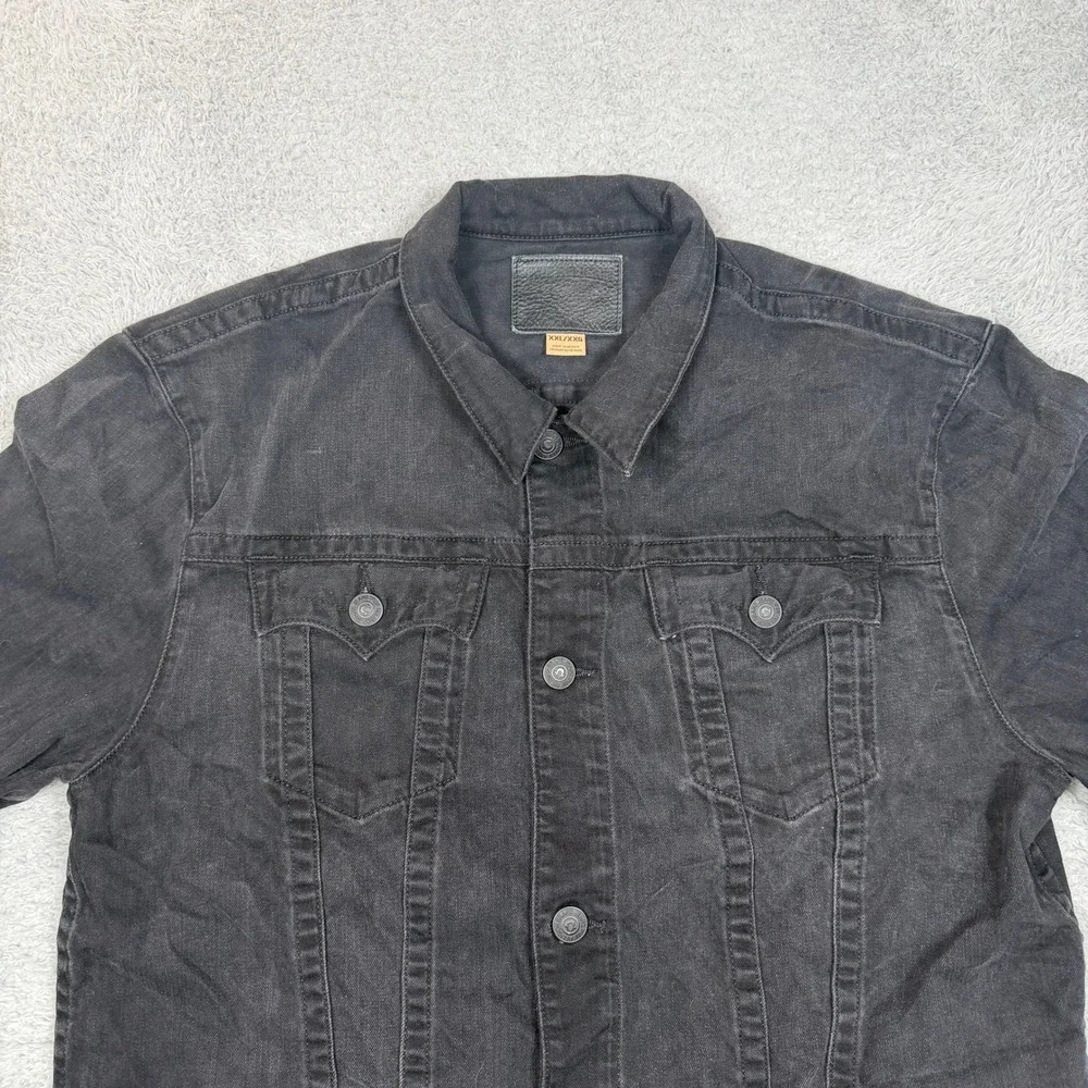 True Religion‎ Mens Black Denim Trucker Jacket XXL Horseshoe Stitching Y2K Moto